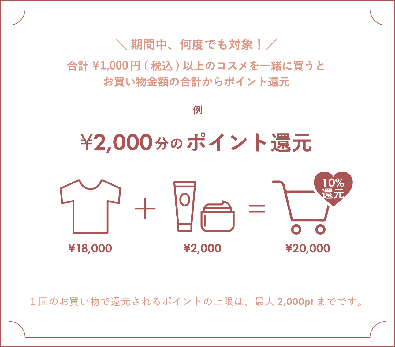 期間中、何度でも対象! 合計¥1000円(税込)以上のコスメを一緒に買うとお買い物金額の合計からポイント還元